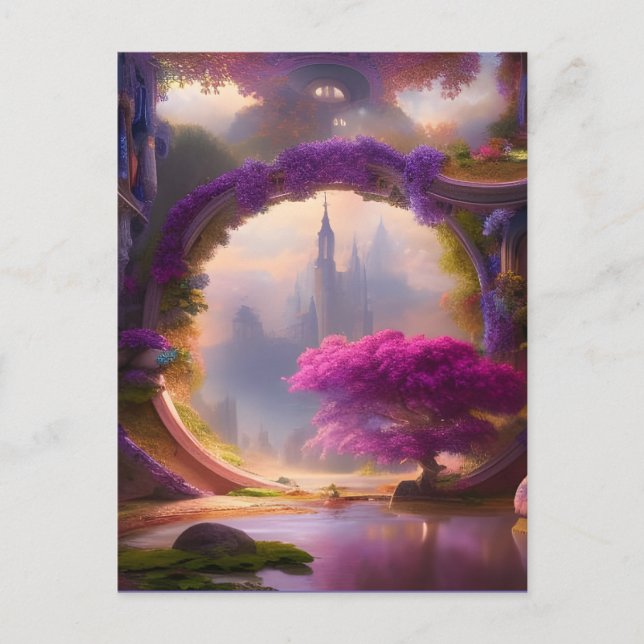 Fantasy floral courtyard pink tree  postcard (Front)