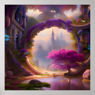 Fantasy floral courtyard pink tree poster