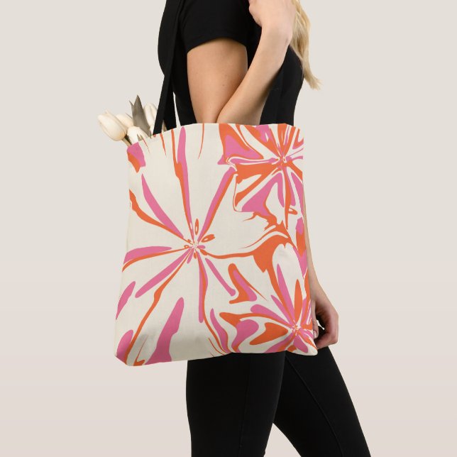 Fantasy Floral - Pink, Orange and Cream Tote Bag (Close Up)