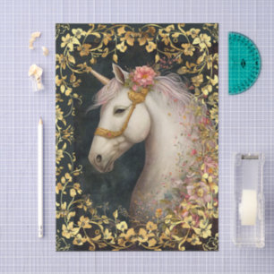 Fantasy Floral White Unicorn & Gold Frame Tissue Paper