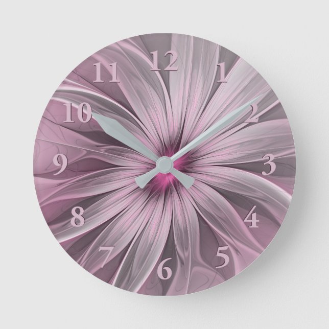 Fantasy Flower Abstract Plum Floral Fractal Art Round Clock (Front)
