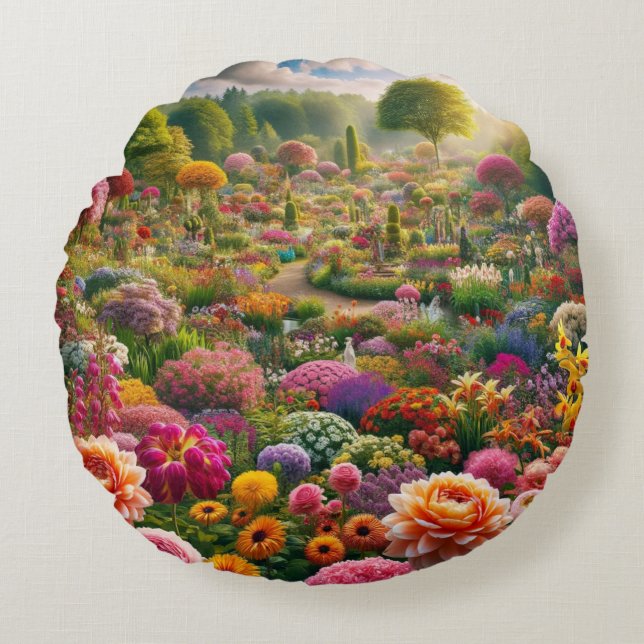Fantasy Flower Garden Round Pillow (Front)