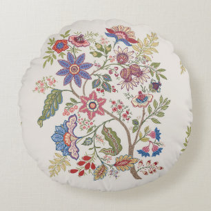 Fantasy flowers in retro, vintage, jacobean embroi round pillow