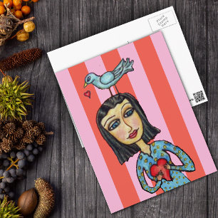 Fantasy Folk Art Lady Bluebird Hearts Love Postcard