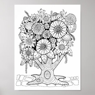Fantasy Forest Flower Tree Coloring Page Art Poster