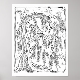 Fantasy Forest Night Willow Tree Colouring Page Ar Poster