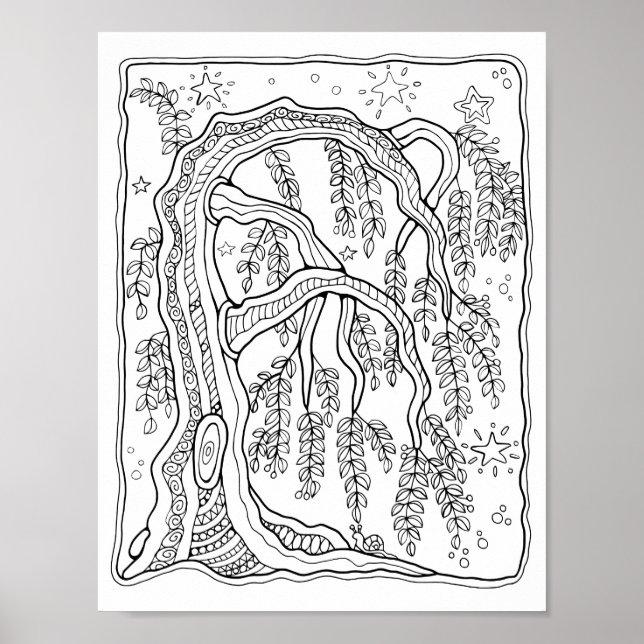 Fantasy Forest Night Willow Tree Colouring Page Ar Poster (Front)