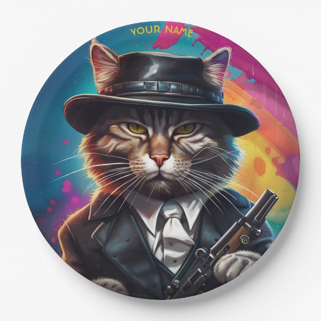 Fantasy Gangster Cat Gun Paper Plate (Front)