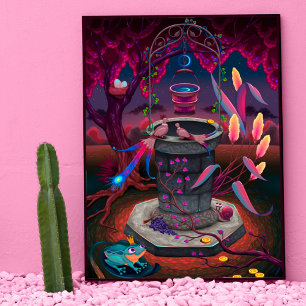 Fantasy garden colourful birds moon wishing well postcard