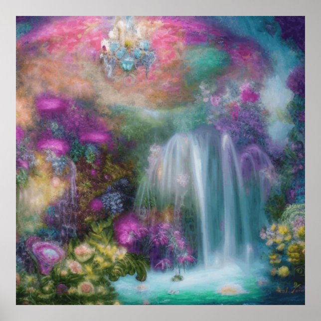 Fantasy Garden With Flowers And Calming Waterfall  Poster (Front)