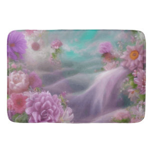 Fantasy Garden With Flowers And Pink Waterfall Bath Mat