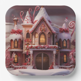 Fantasy Gingerbread House with Candies 3 Paper Plate