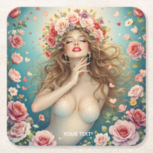 Fantasy Girls Hearts Flowers Square Paper Coaster
