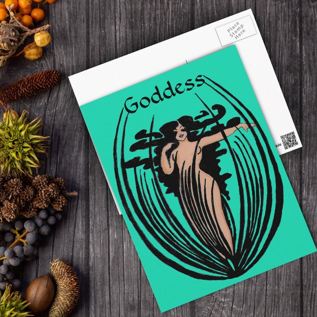 Fantasy Goddess Postcard (Godess woman long black hair in black flower pod on mint green postcard.)