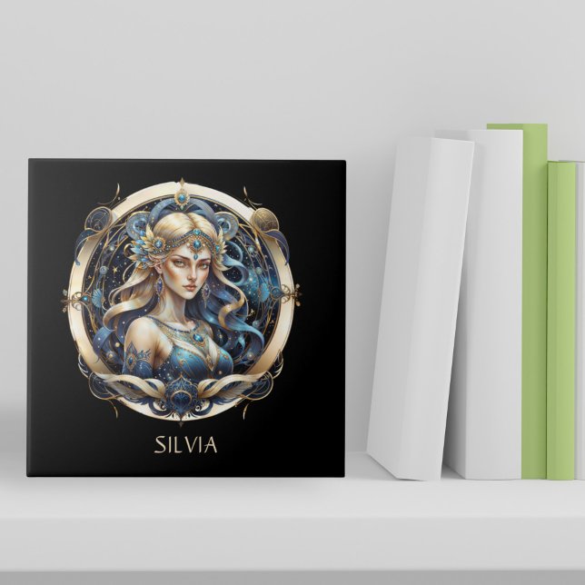 Fantasy Gold Blue Celestial Zodiac Sun Sign Virgo Tile (Creator Uploaded)