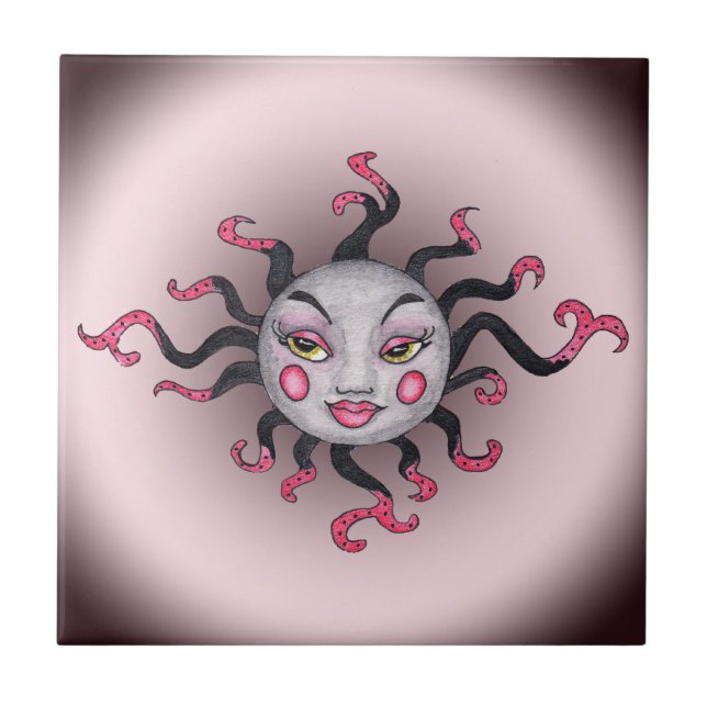Fantasy Gothic Black Pink Sun Goddess Face Tile (Front)