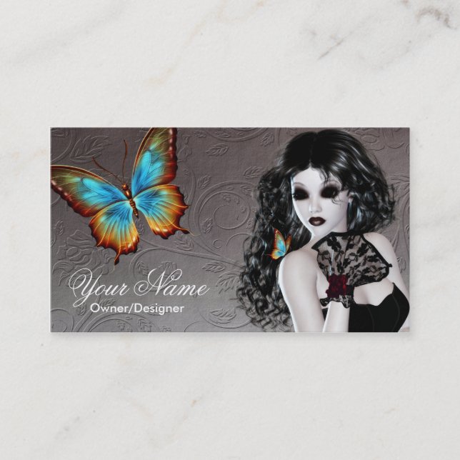 Fantasy Gothic White Butterfly Woman Business Card (Front)