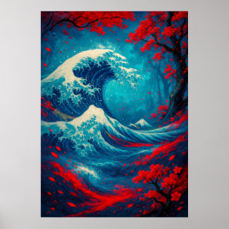 Fantasy Great Wave with Cherry Blossoms Poster