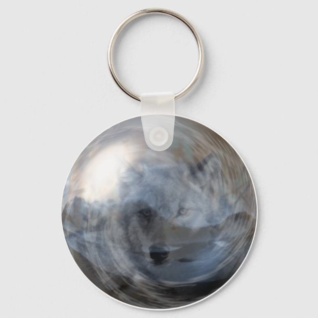 Fantasy Grey Wolf Crystal Ball Magic Animal Keychain (Front)