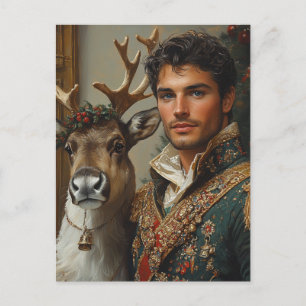 Fantasy Handsome man and reindeer Christmas Postcard