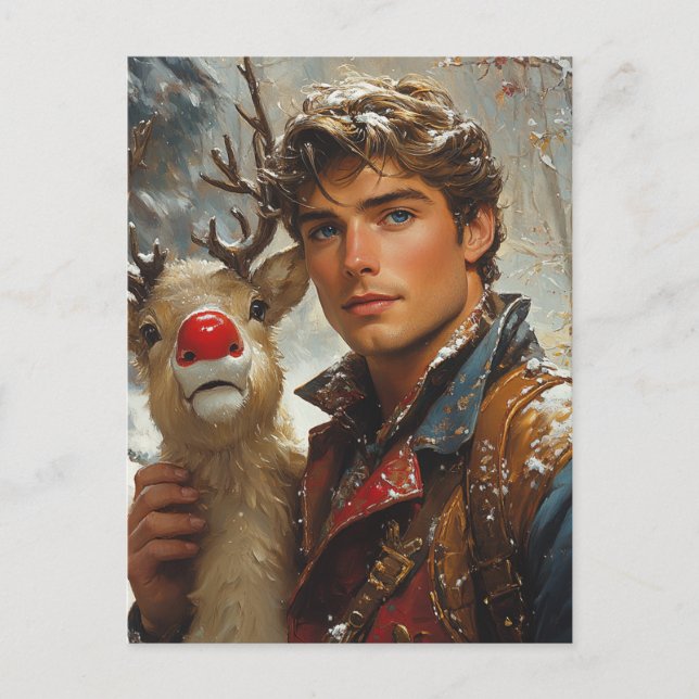 Fantasy Handsome man and reindeer Christmas Postcard (Front)