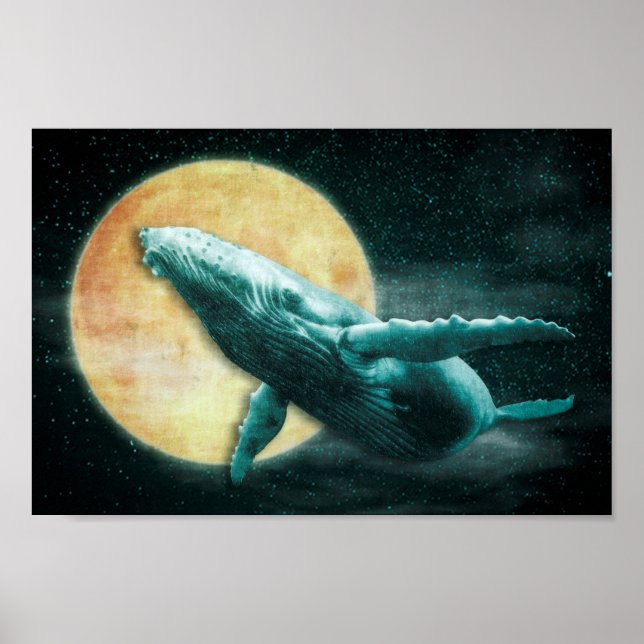 Fantasy Humpback Whale Flying to The Moon Poster (Front)