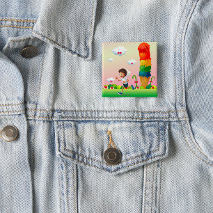 Fantasy Ice Cream Cone with Happy Running Boy 2 Inch Square Button