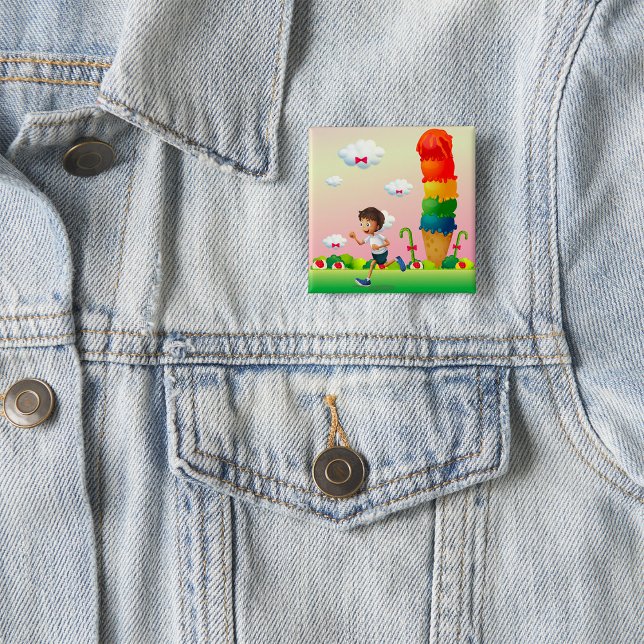 Fantasy Ice Cream Cone with Happy Running Boy 2 Inch Square Button (Creator Uploaded)
