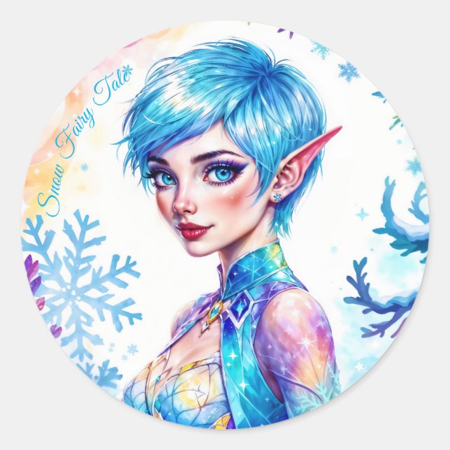 Fantasy ice elf winter magic snowflake art classic round sticker (Front)