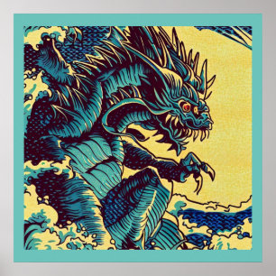 Fantasy Kaiju Anime - Woodcut 1 Poster