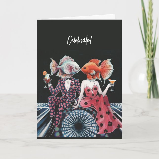 Fantasy Kissing Fish Celebrate Happy Birthday Card (Front)