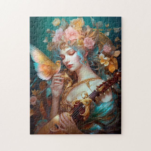 Fantasy Lady With Lute & Butterfly Bird Jigsaw Puzzle (Vertical)