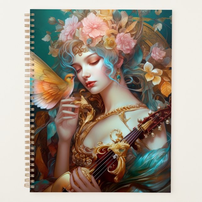 Fantasy Lady With Lute & Butterfly Bird Planner (Front)