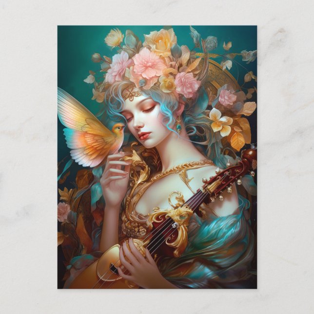 Fantasy Lady With Lute & Butterfly Bird Postcard (Front)