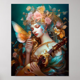Fantasy Lady With Lute & Butterfly Bird Poster