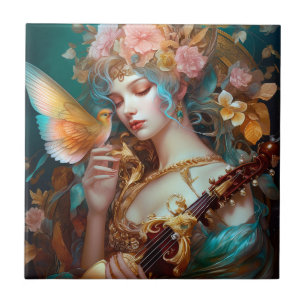 Fantasy Lady With Lute & Butterfly Bird Tile