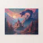 Fantasy Landscape Castle Dragon Jigsaw Puzzle<br><div class="desc">Picture a mesmerizing fantasy illustration that transports you to a world of wonder and magic. The scene unfolds as the sun sets in a blaze of warm colours, casting a golden glow upon a breathtaking landscape. A majestic castle stands proudly at the edge of a tranquil lake, its turrets and...</div>