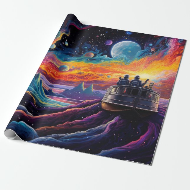 Fantasy landscape with ship and planets wrapping paper (Unrolled)
