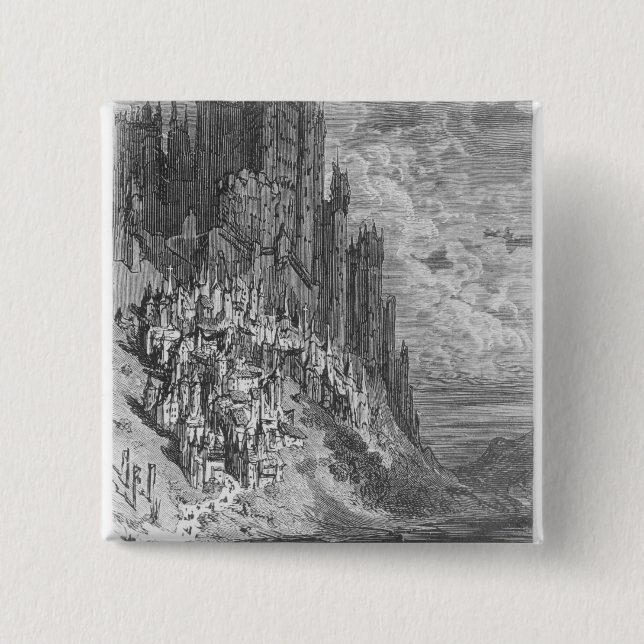 Fantasy landscape with town and castle 2 inch square button (Front)