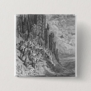 Fantasy landscape with town and castle 2 inch square button