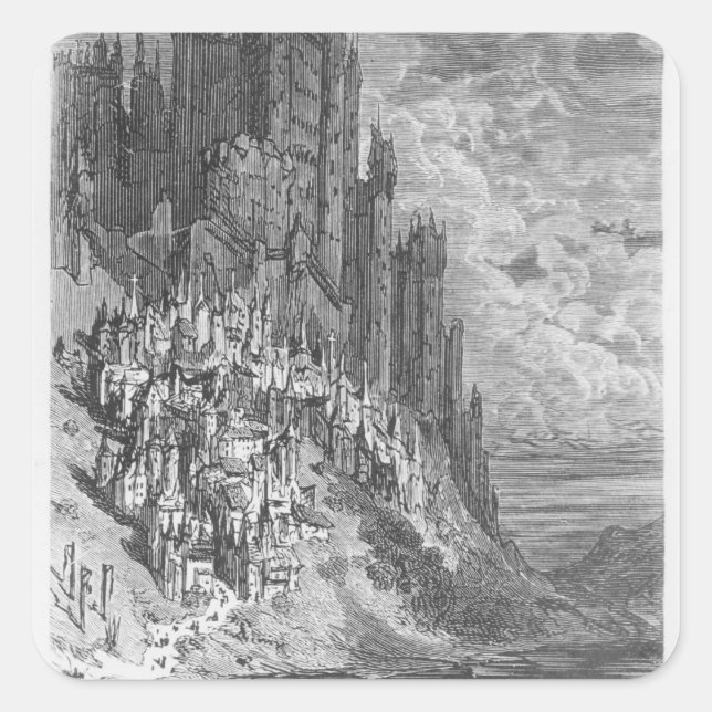 Fantasy landscape with town and castle square sticker (Front)
