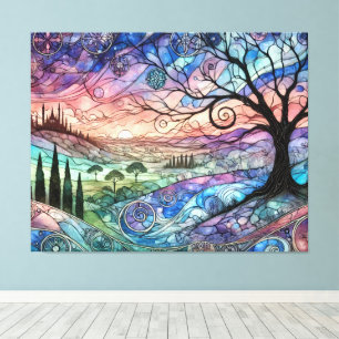 Fantasy Landscape with Tree and Colourful Sunset Canvas Print