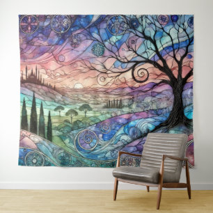 Fantasy Landscape with Tree and Colourful Sunset Tapestry