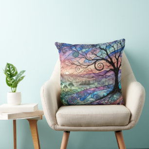 Fantasy Landscape with Tree and Colourful Sunset Throw Pillow
