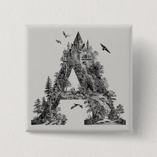 Fantasy Letter A with Castles in the Sky Storybook 2 Inch Square Button