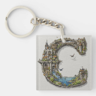 Fantasy Letter C with Castles in the Sky Storybook Keychain