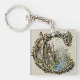 Fantasy Letter C with Castles in the Sky Storybook Keychain