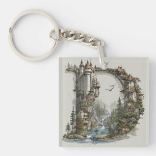 Fantasy Letter D with Castles in the Sky Storybook Keychain
