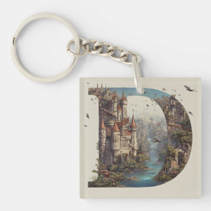 Fantasy Letter D with Castles in the Sky Storybook Keychain