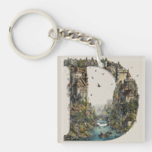 Fantasy Letter D with Castles in the Sky Storybook Keychain